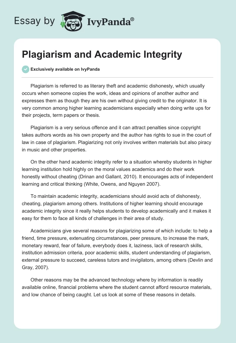 Plagiarism and Academic Integrity. Page 1
