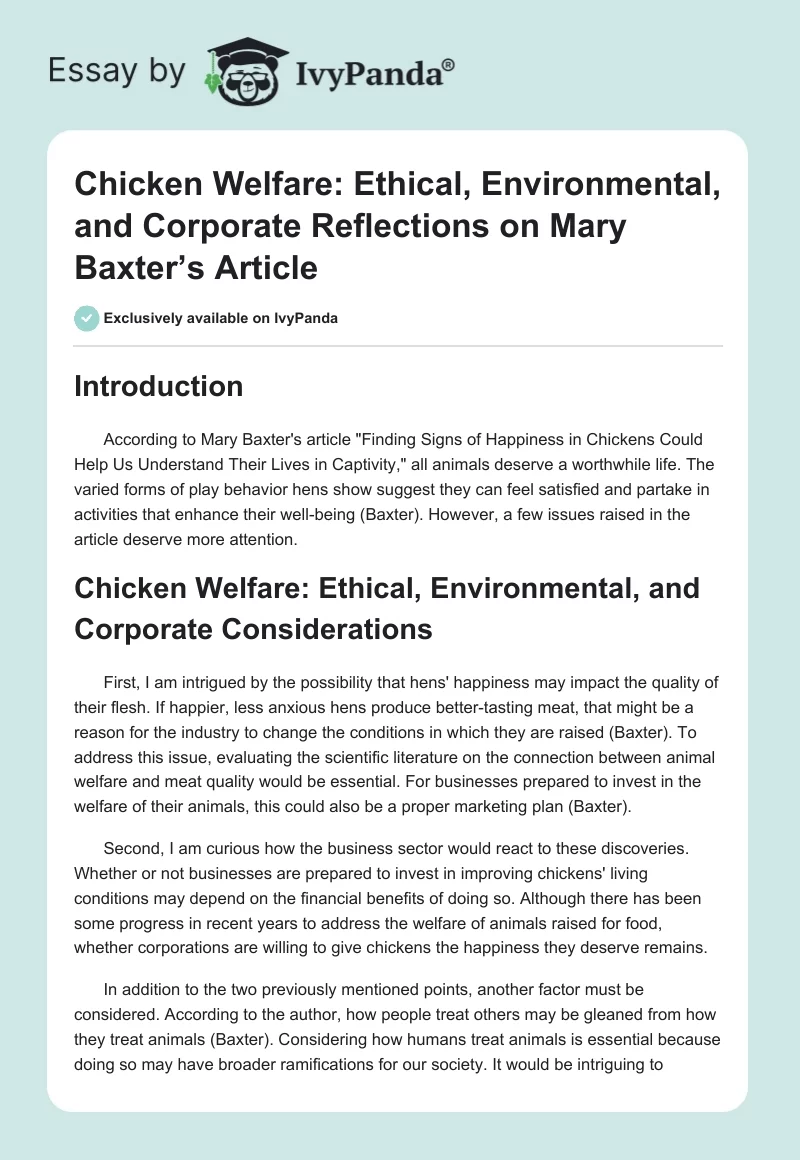 Chicken Welfare: Ethical, Environmental, and Corporate Reflections on Mary Baxter’s Article. Page 1