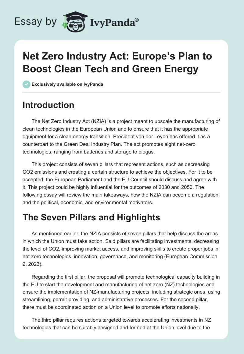 Net Zero Industry Act: Europe’s Plan to Boost Clean Tech and Green Energy. Page 1