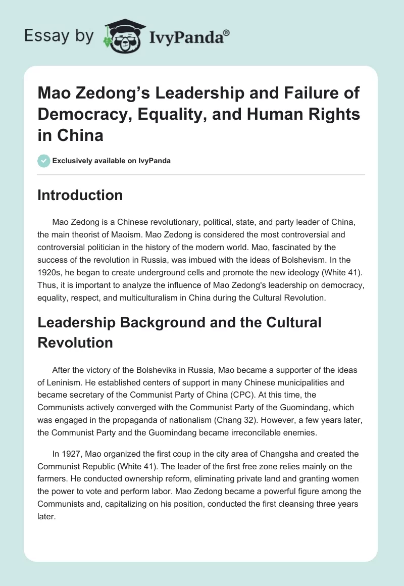 Mao Zedong’s Leadership and Failure of Democracy, Equality, and Human Rights in China. Page 1