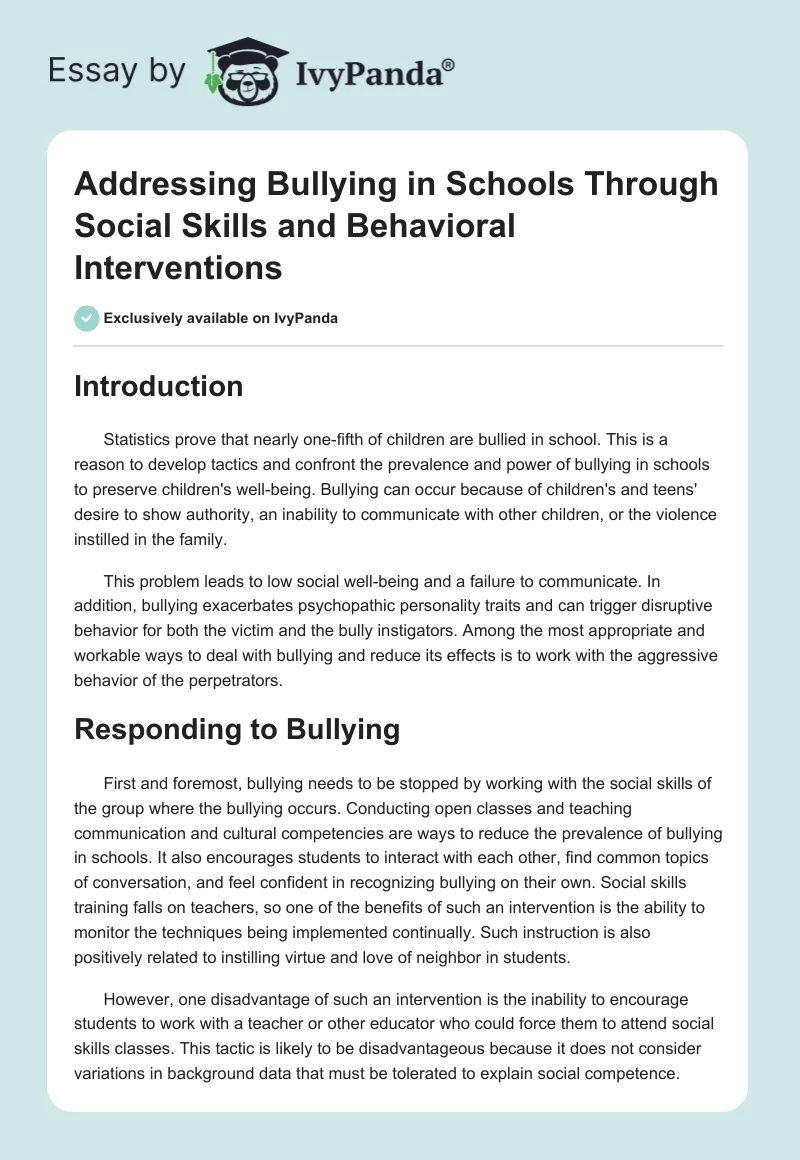 Addressing Bullying in Schools Through Social Skills and Behavioral Interventions. Page 1