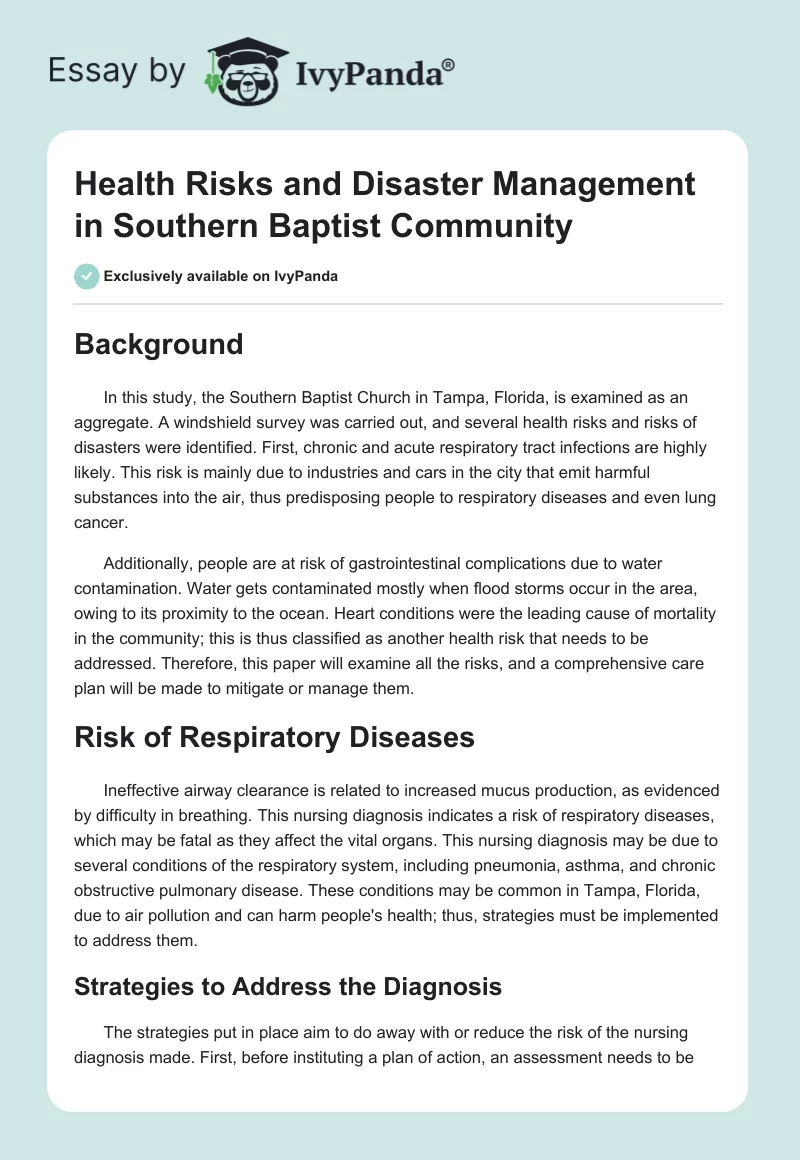 Health Risks and Disaster Management in Southern Baptist Community. Page 1
