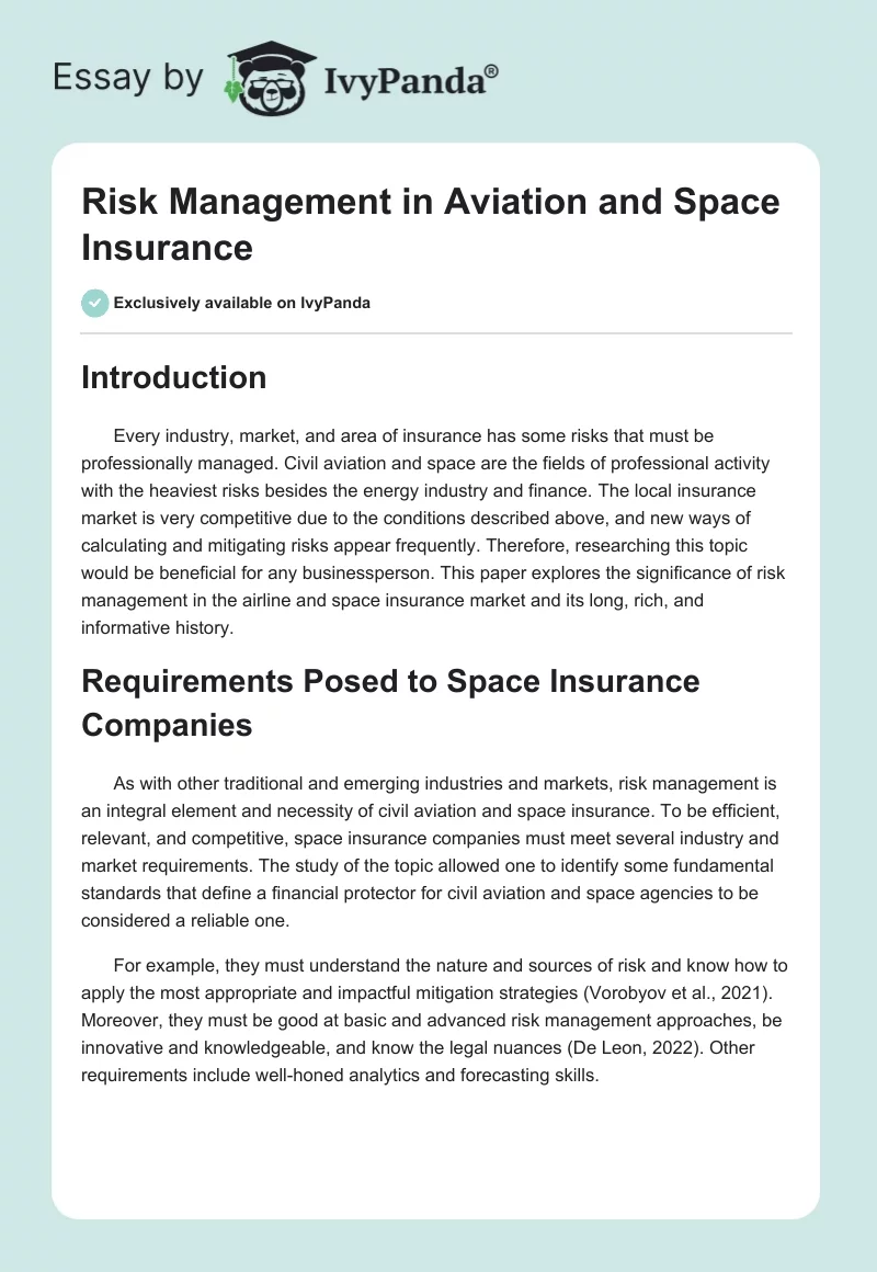 Risk Management in Aviation and Space Insurance. Page 1