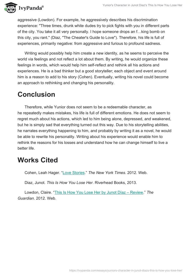 Yunior's Character in Junot Diaz's "This Is How You Lose Her". Page 2