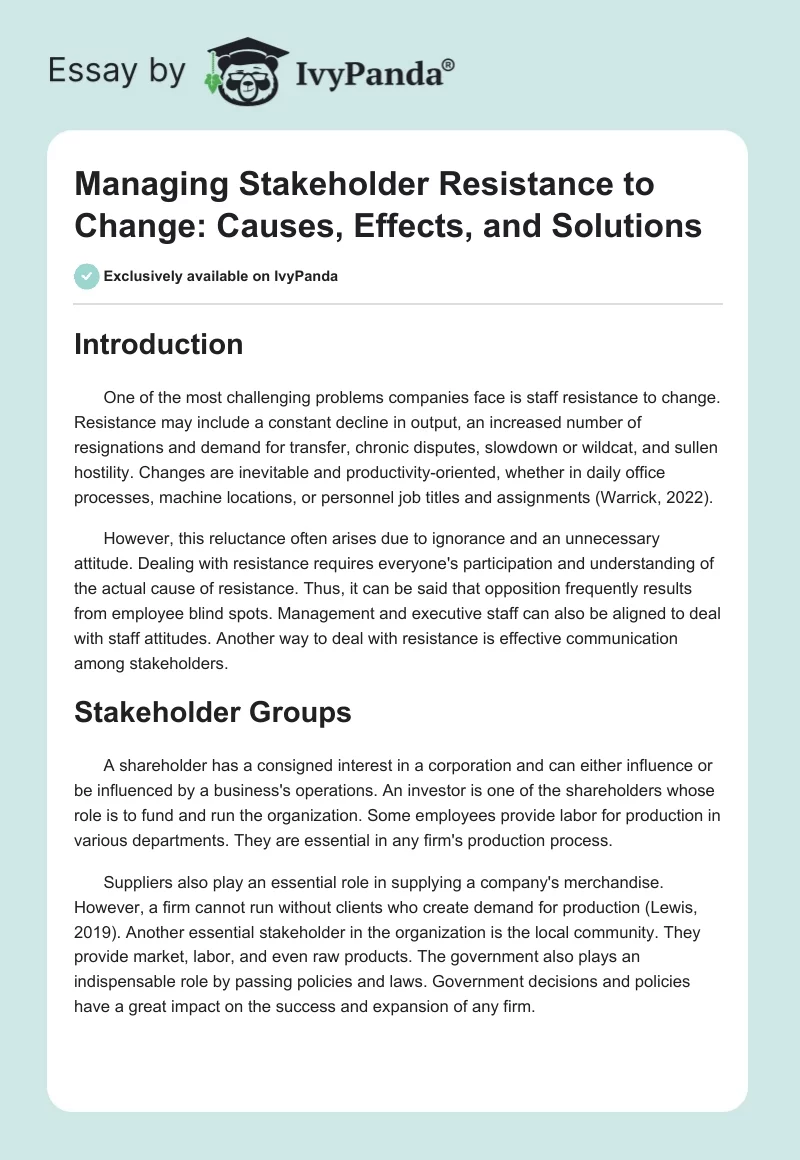Managing Stakeholder Resistance to Change: Causes, Effects, and Solutions. Page 1