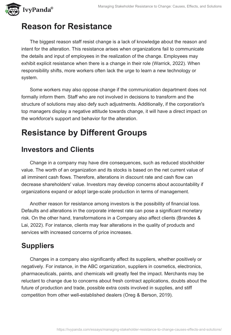 Managing Stakeholder Resistance to Change: Causes, Effects, and Solutions. Page 2