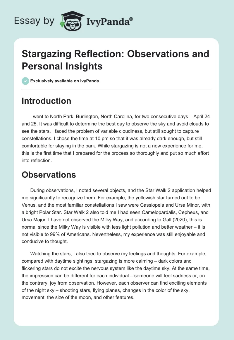 Stargazing Reflection: Observations and Personal Insights. Page 1