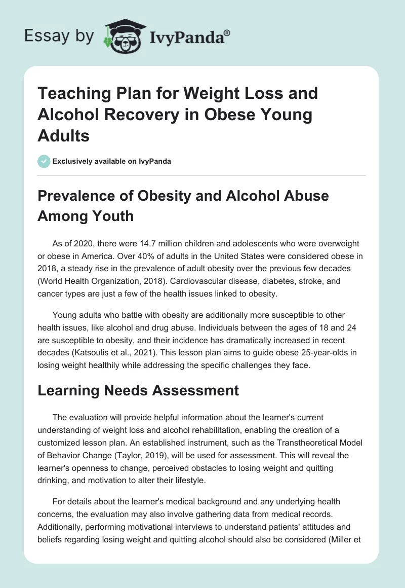 Teaching Plan for Weight Loss and Alcohol Recovery in Obese Young Adults. Page 1