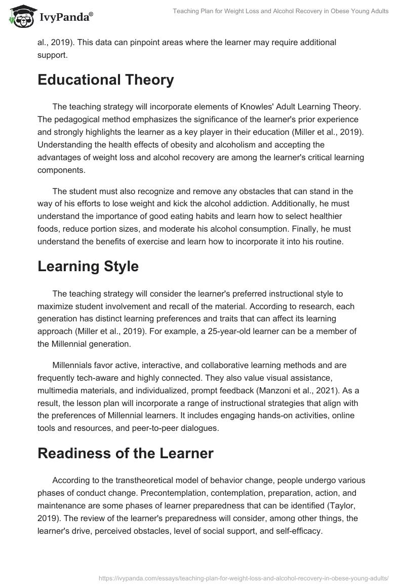 Teaching Plan for Weight Loss and Alcohol Recovery in Obese Young Adults. Page 2