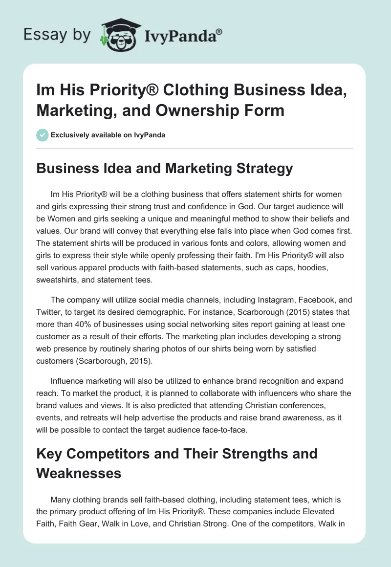 Im His Priority® Clothing Business Idea, Marketing, and Ownership Form. Page 1