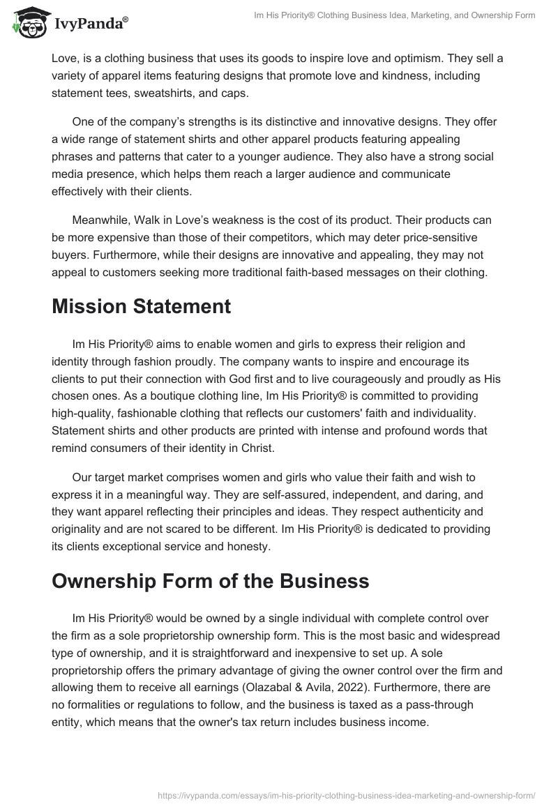 Im His Priority® Clothing Business Idea, Marketing, and Ownership Form. Page 2