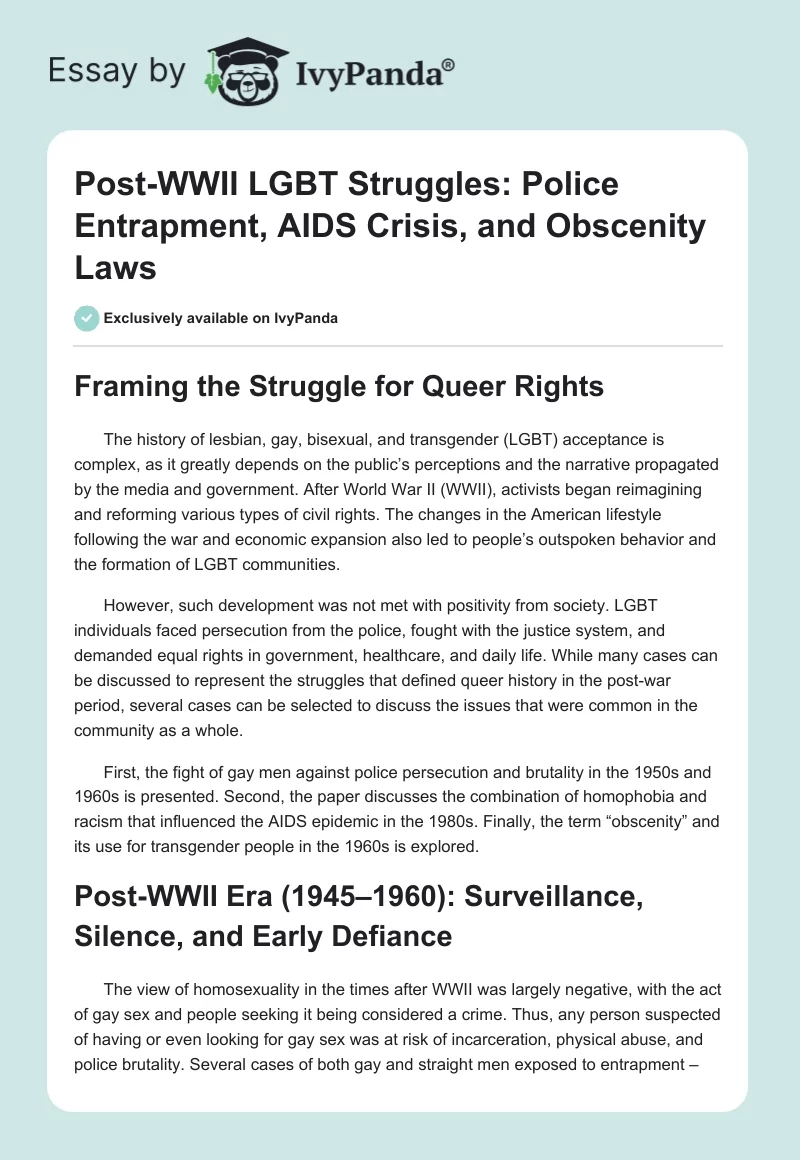 Post-WWII LGBT Struggles: Police Entrapment, AIDS Crisis, and Obscenity Laws. Page 1