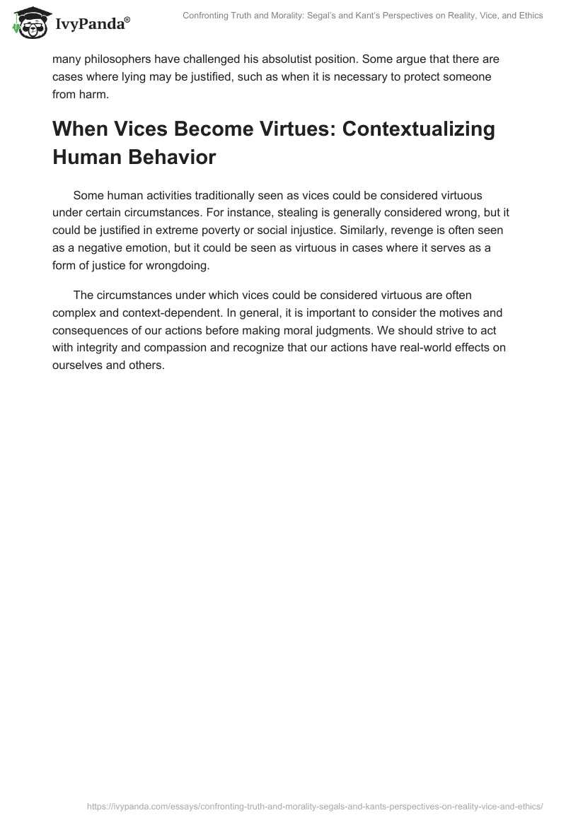 Confronting Truth and Morality: Segal’s and Kant’s Perspectives on Reality, Vice, and Ethics. Page 2