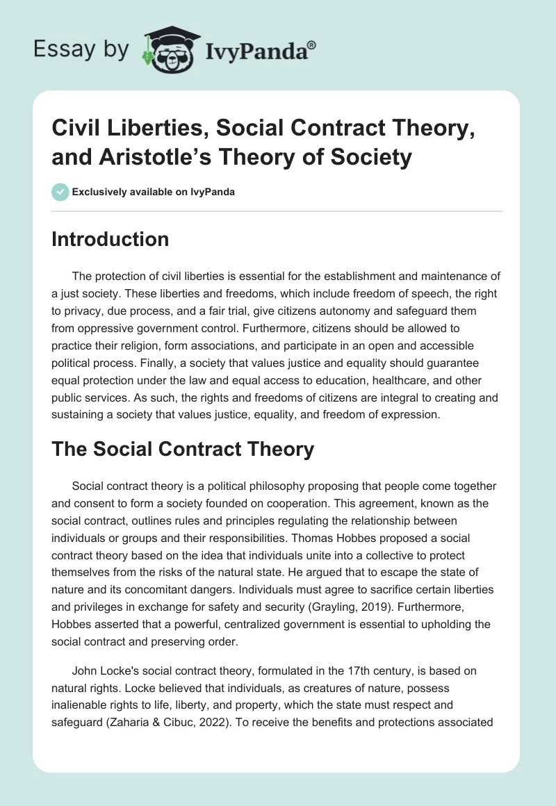 Civil Liberties, Social Contract Theory, and Aristotle’s Theory of Society. Page 1