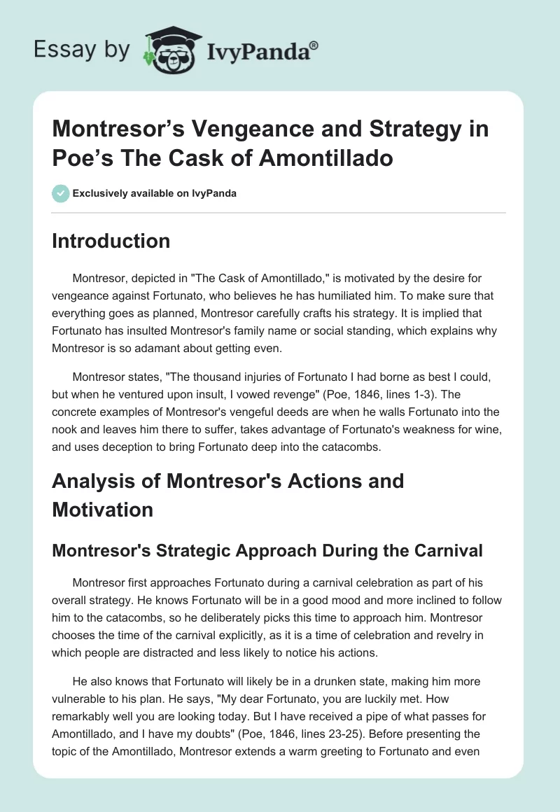Montresor’s Vengeance and Strategy in Poe’s The Cask of Amontillado. Page 1