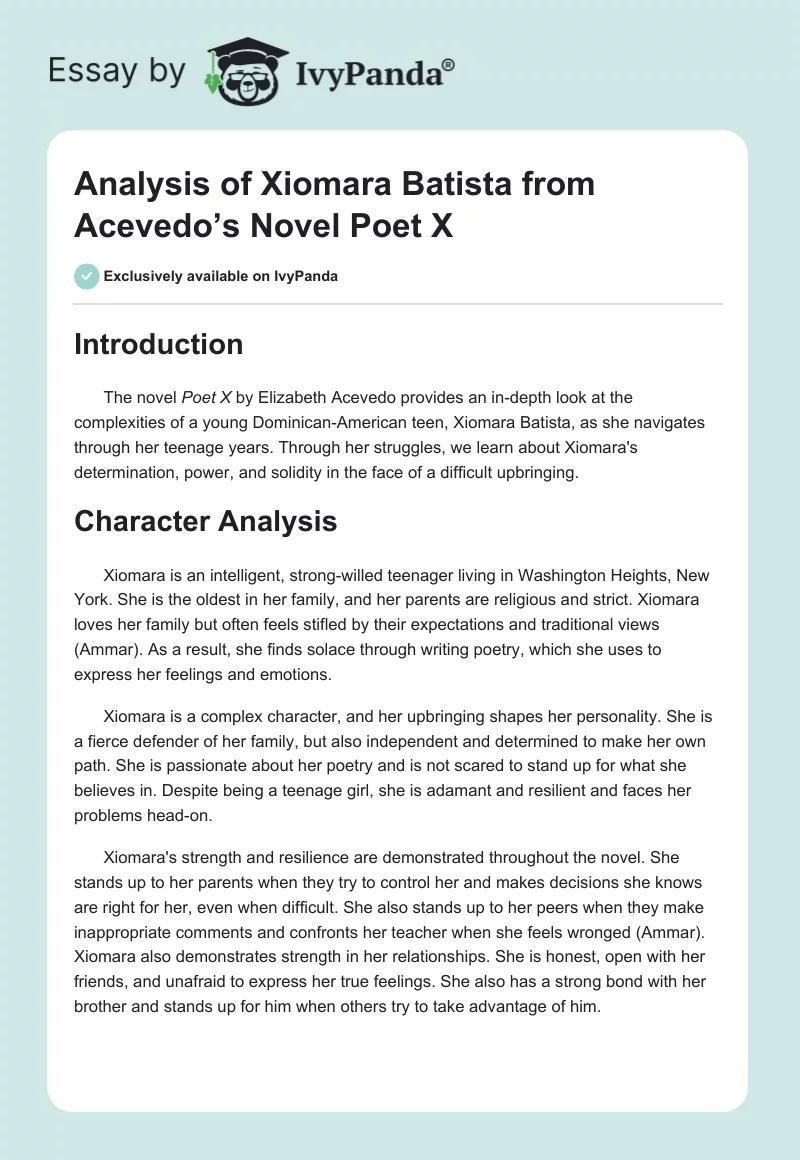Analysis of Xiomara Batista from Acevedo’s Novel Poet X. Page 1