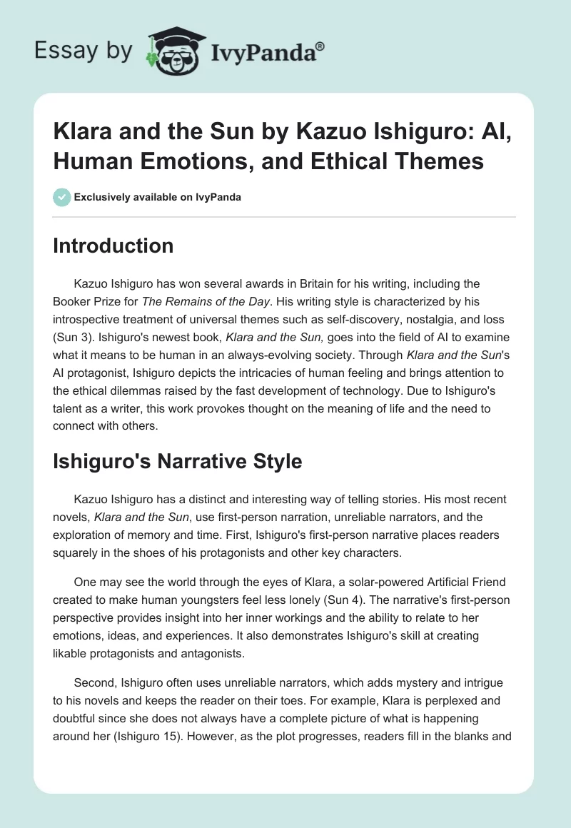 Klara and the Sun by Kazuo Ishiguro: AI, Human Emotions, and Ethical Themes. Page 1