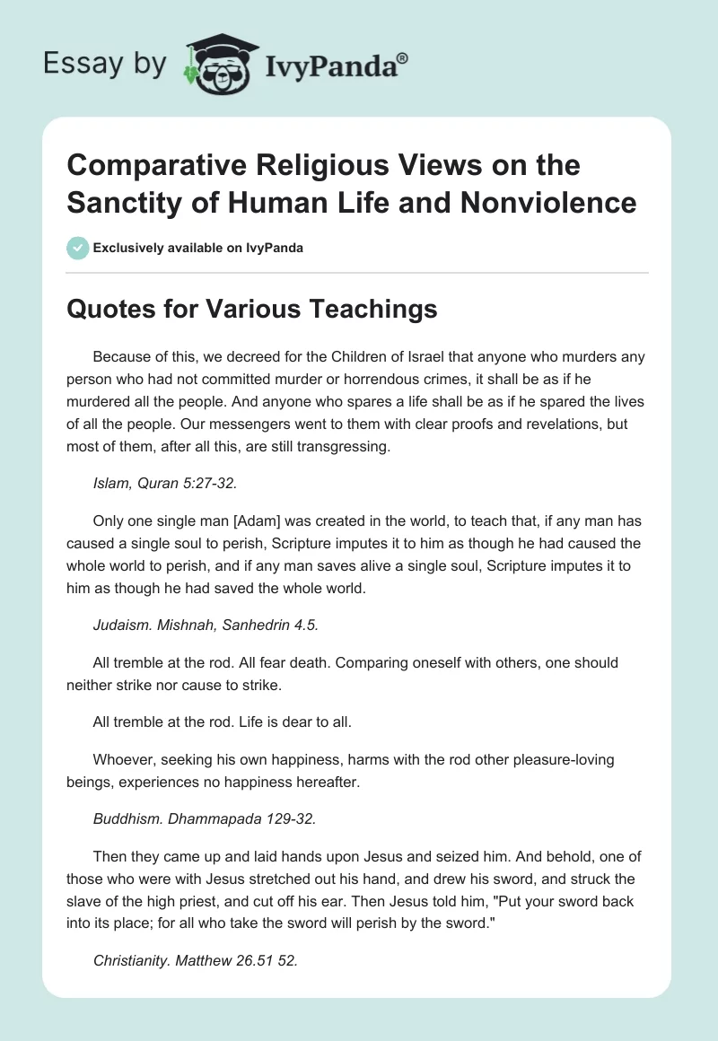 Comparative Religious Views on the Sanctity of Human Life and Nonviolence. Page 1