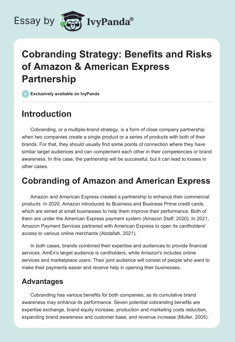 Cobranding Strategy: Benefits and Risks of Amazon & American Express Partnership. Page 1