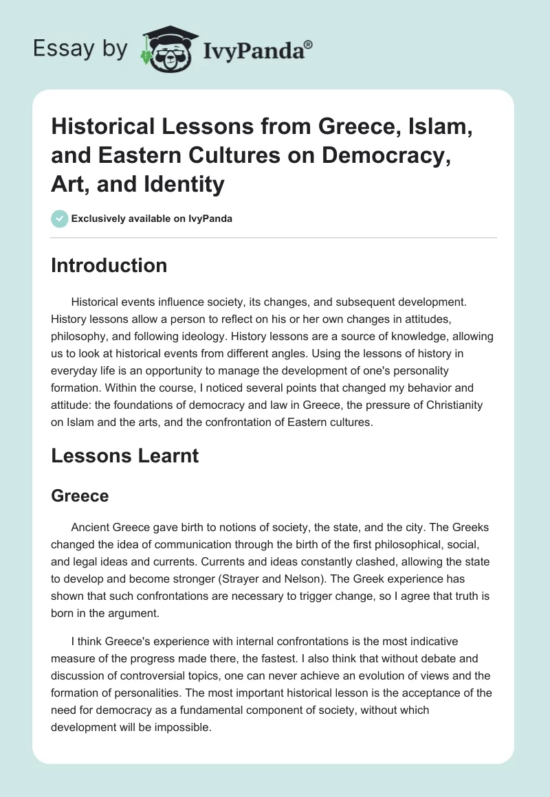 Historical Lessons from Greece, Islam, and Eastern Cultures on Democracy, Art, and Identity. Page 1