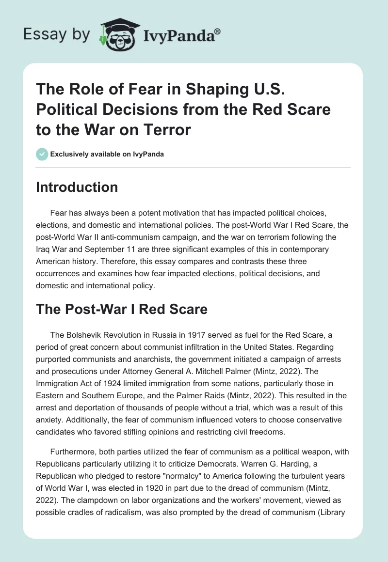 The Role of Fear in Shaping U.S. Political Decisions from the Red Scare to the War on Terror. Page 1