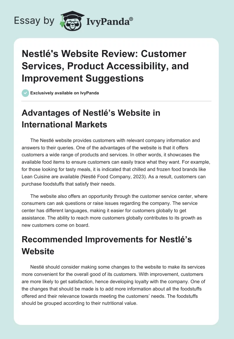 Nestlé's Website Review: Customer Services, Product Accessibility, and Improvement Suggestions. Page 1