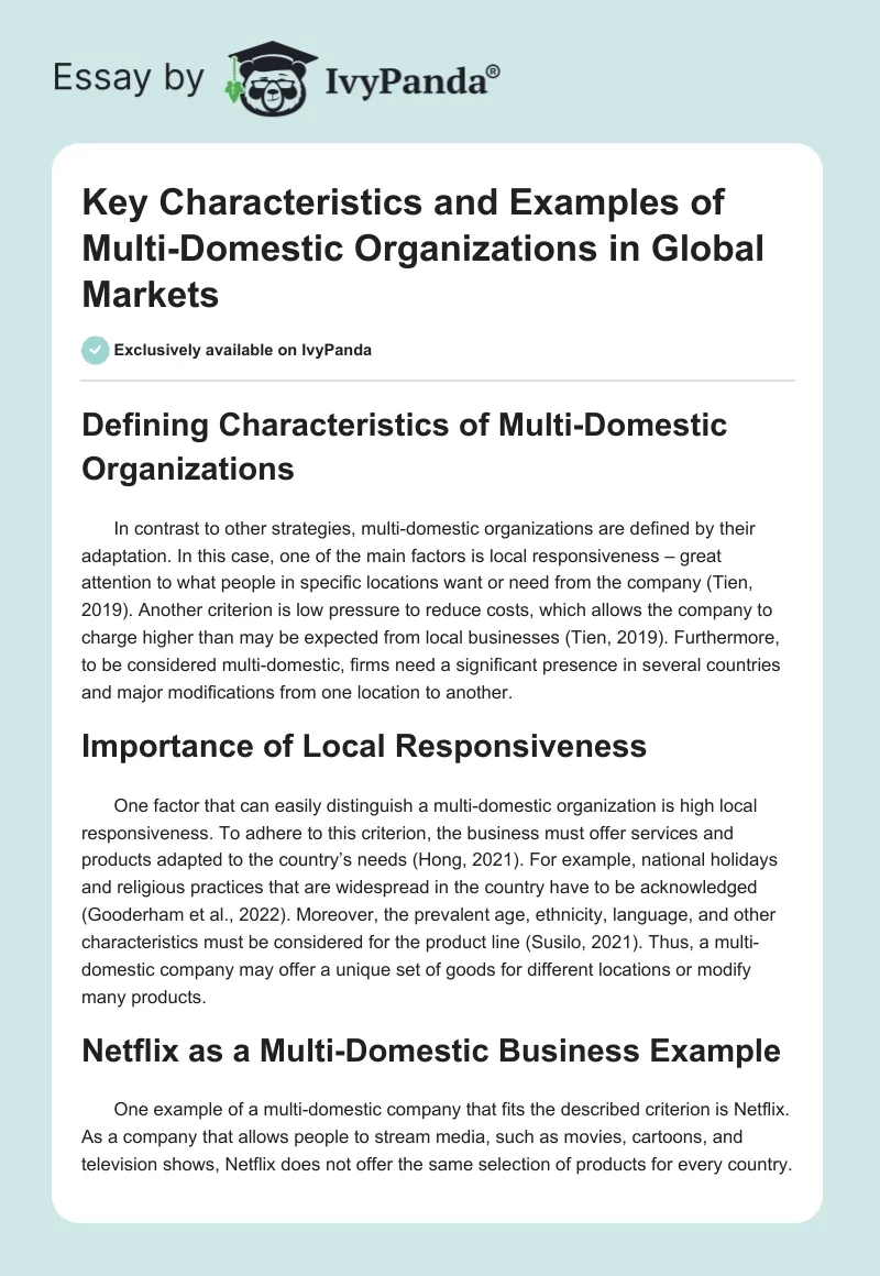 Key Characteristics and Examples of Multi-Domestic Organizations in Global Markets. Page 1