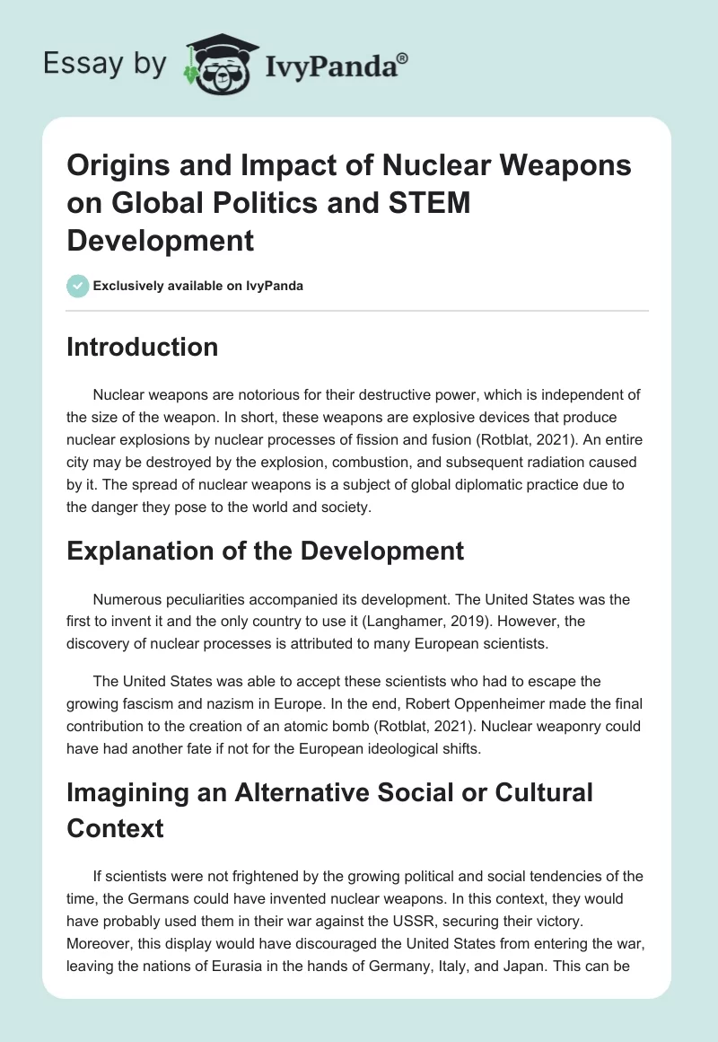 Origins and Impact of Nuclear Weapons on Global Politics and STEM Development. Page 1