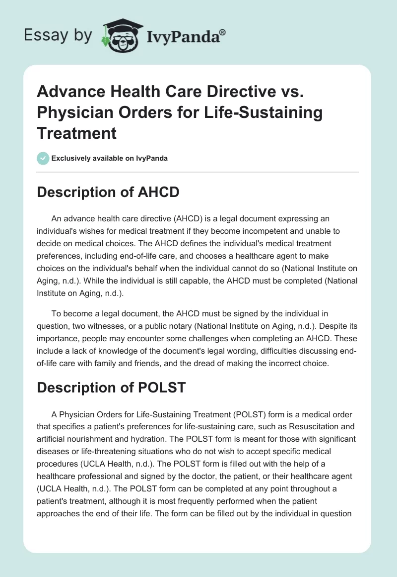 Advance Health Care Directive vs. Physician Orders for Life-Sustaining Treatment. Page 1