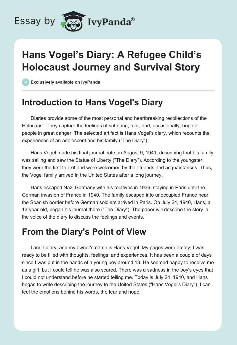 Hans Vogel’s Diary: A Refugee Child’s Holocaust Journey and Survival Story. Page 1
