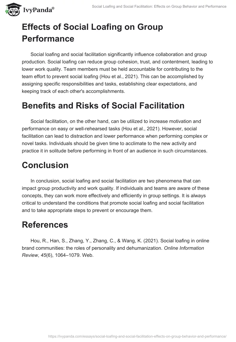 Social Loafing and Social Facilitation: Effects on Group Behavior and Performance. Page 2