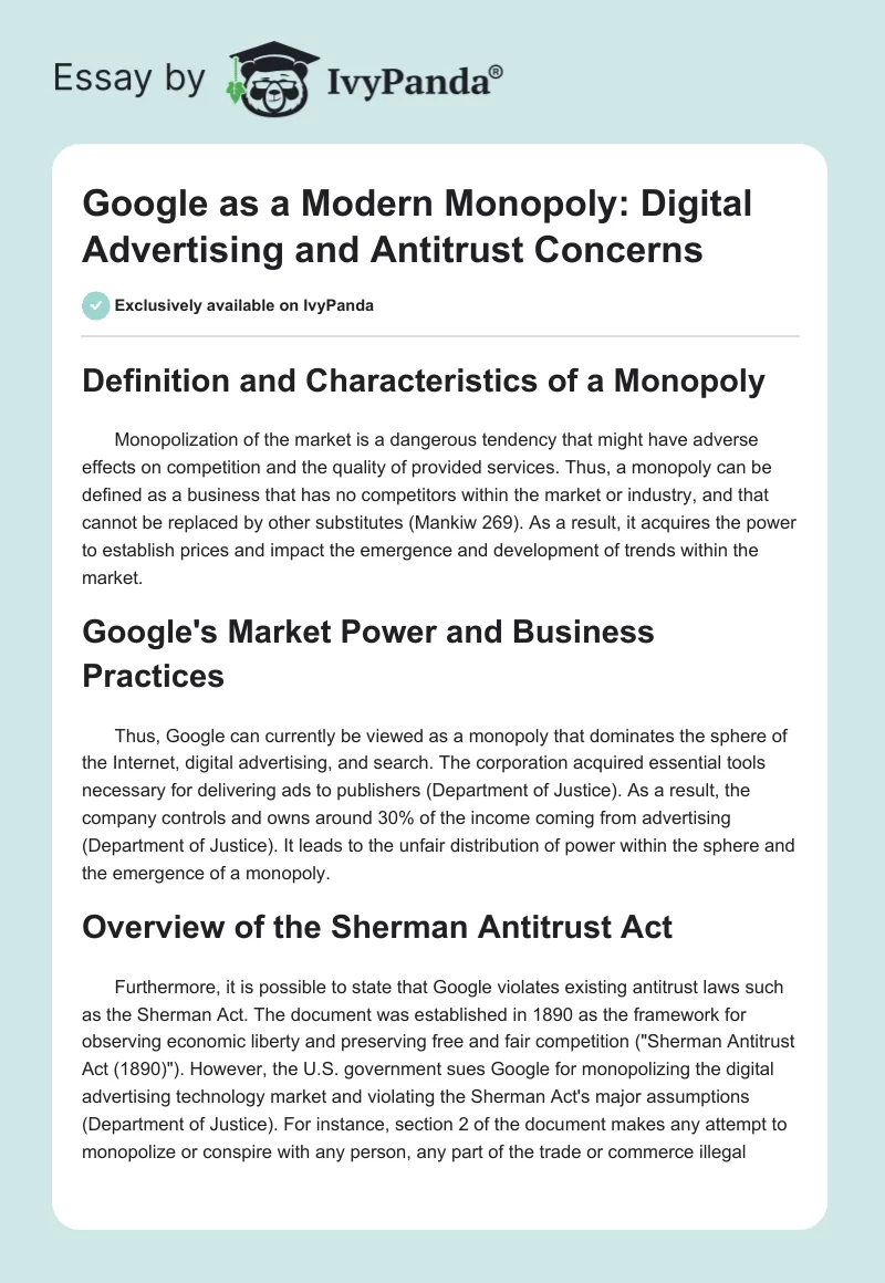 Google as a Modern Monopoly: Digital Advertising and Antitrust Concerns. Page 1