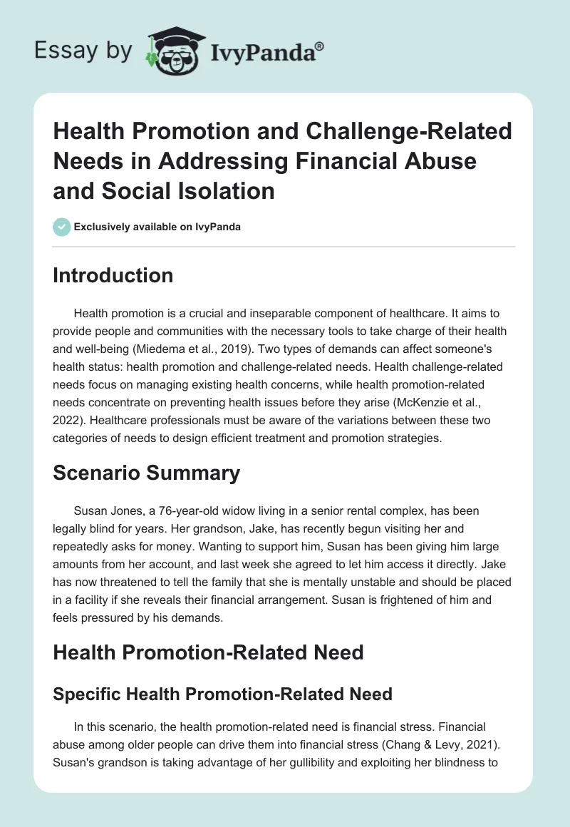 Health Promotion and Challenge-Related Needs in Addressing Financial Abuse and Social Isolation. Page 1