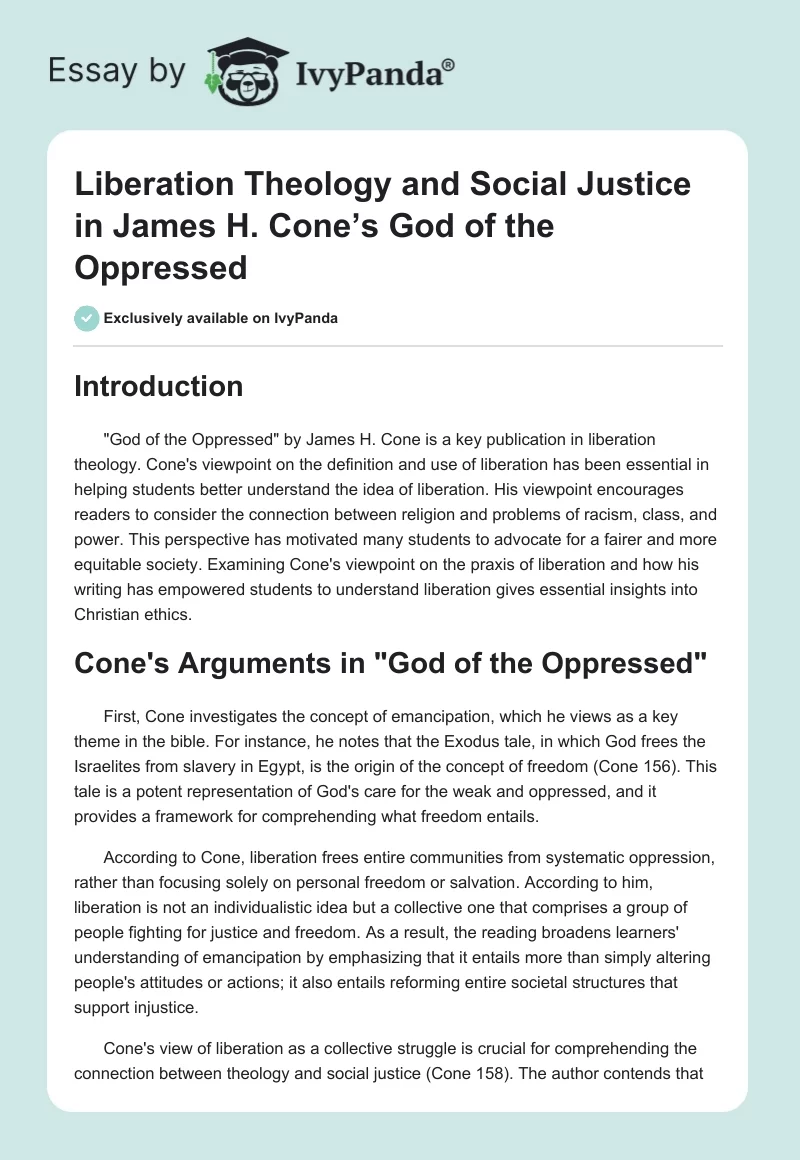 Liberation Theology and Social Justice in James H. Cone’s God of the Oppressed. Page 1