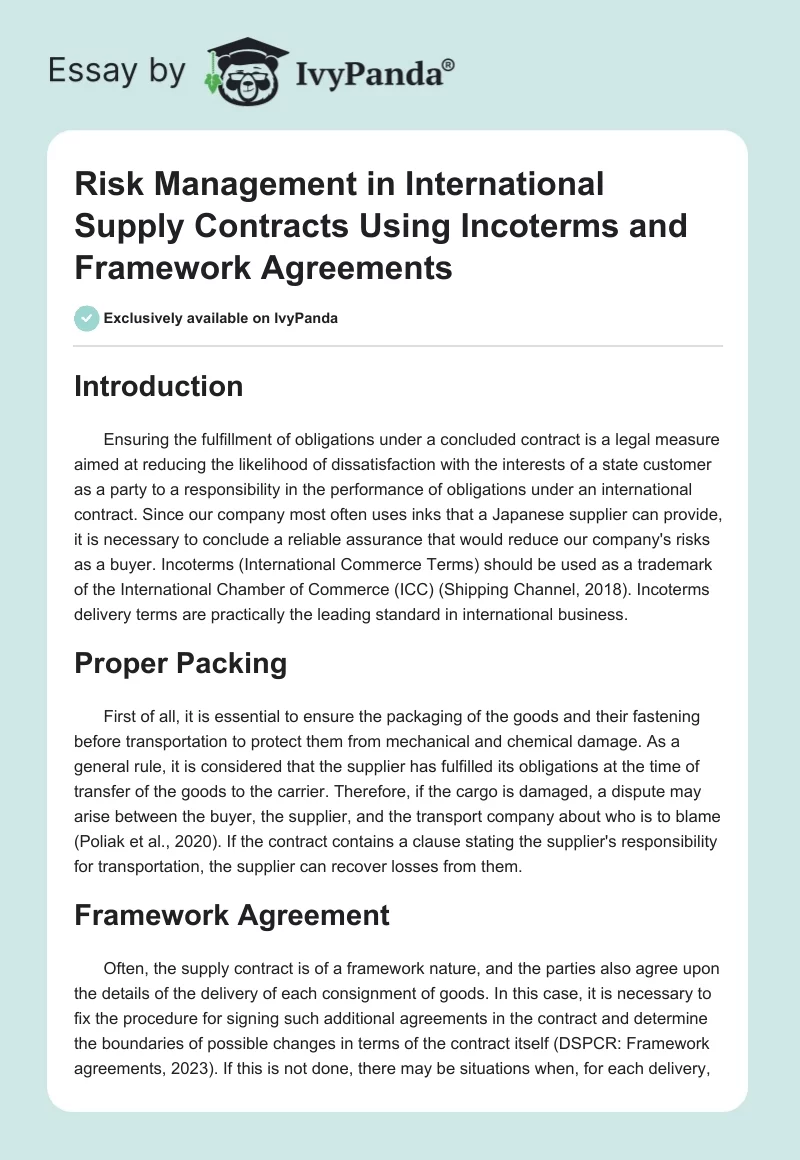 Risk Management in International Supply Contracts Using Incoterms and Framework Agreements. Page 1