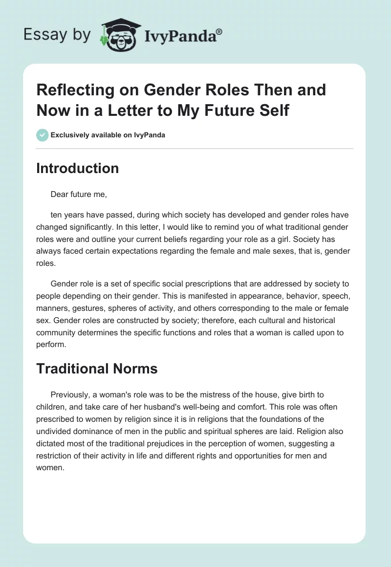 Reflecting on Gender Roles Then and Now in a Letter to My Future Self. Page 1