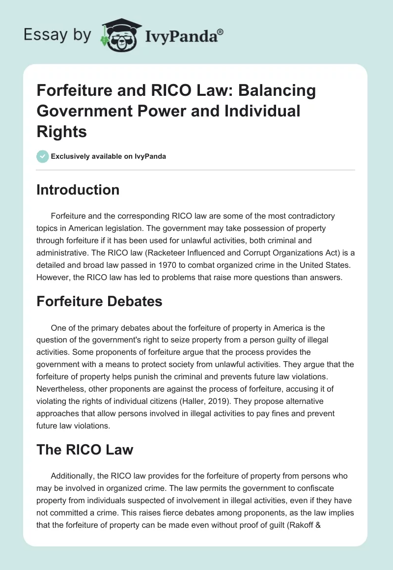 Forfeiture and RICO Law: Balancing Government Power and Individual Rights. Page 1