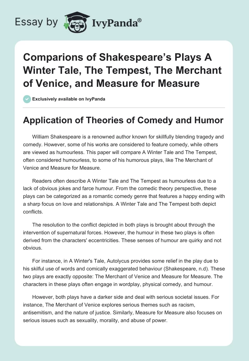 Comparions of Shakespeare’s Plays A Winter Tale, The Tempest, The Merchant of Venice, and Measure for Measure. Page 1