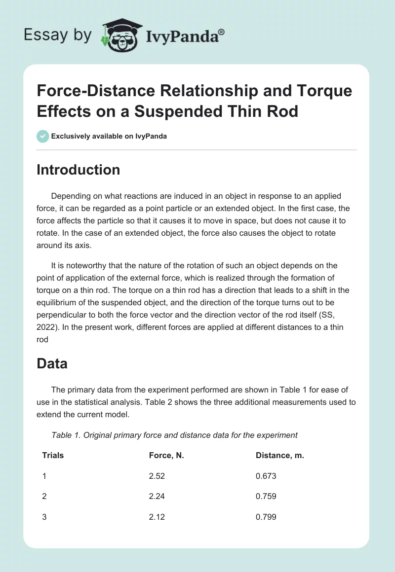 Force-Distance Relationship and Torque Effects on a Suspended Thin Rod. Page 1