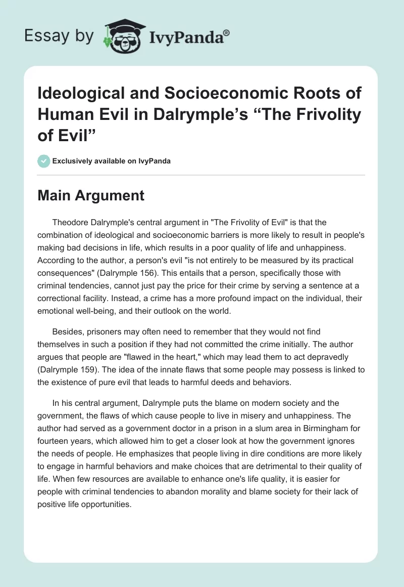 Ideological and Socioeconomic Roots of Human Evil in Dalrymple’s “The Frivolity of Evil”. Page 1