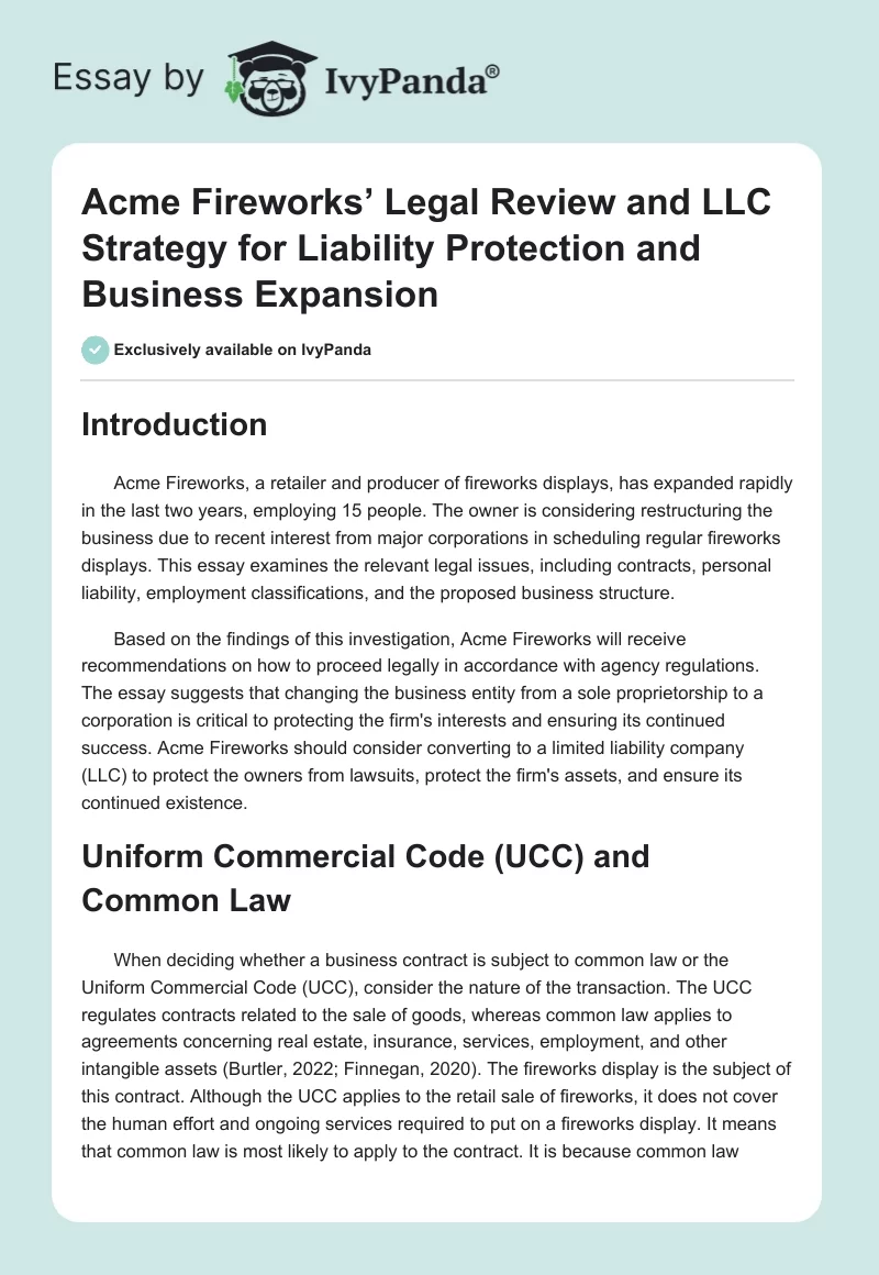 Acme Fireworks’ Legal Review and LLC Strategy for Liability Protection and Business Expansion. Page 1