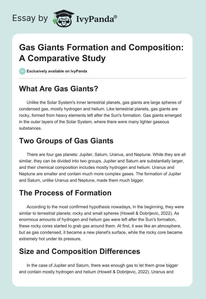 Gas Giants Formation and Composition: A Comparative Study. Page 1