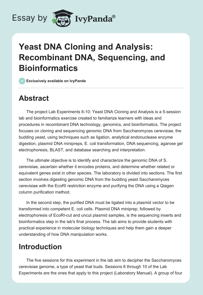 Yeast DNA Cloning and Analysis: Recombinant DNA, Sequencing, and Bioinformatics. Page 1