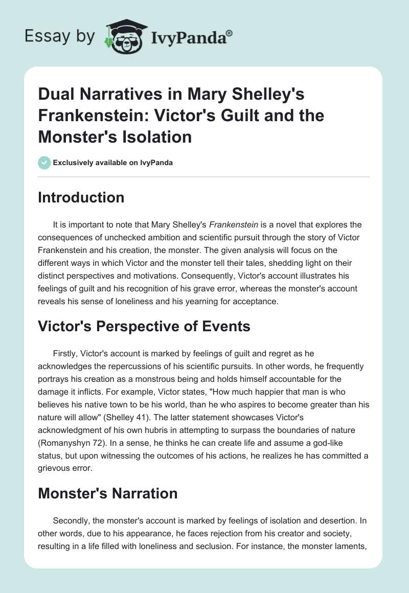 Dual Narratives in Mary Shelley's Frankenstein: Victor's Guilt and the Monster's Isolation. Page 1
