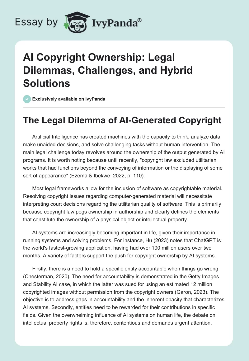 AI Copyright Ownership: Legal Dilemmas, Challenges, and Hybrid Solutions. Page 1
