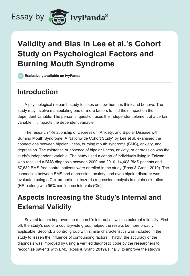 Validity and Bias in Lee et al.’s Cohort Study on Psychological Factors and Burning Mouth Syndrome. Page 1