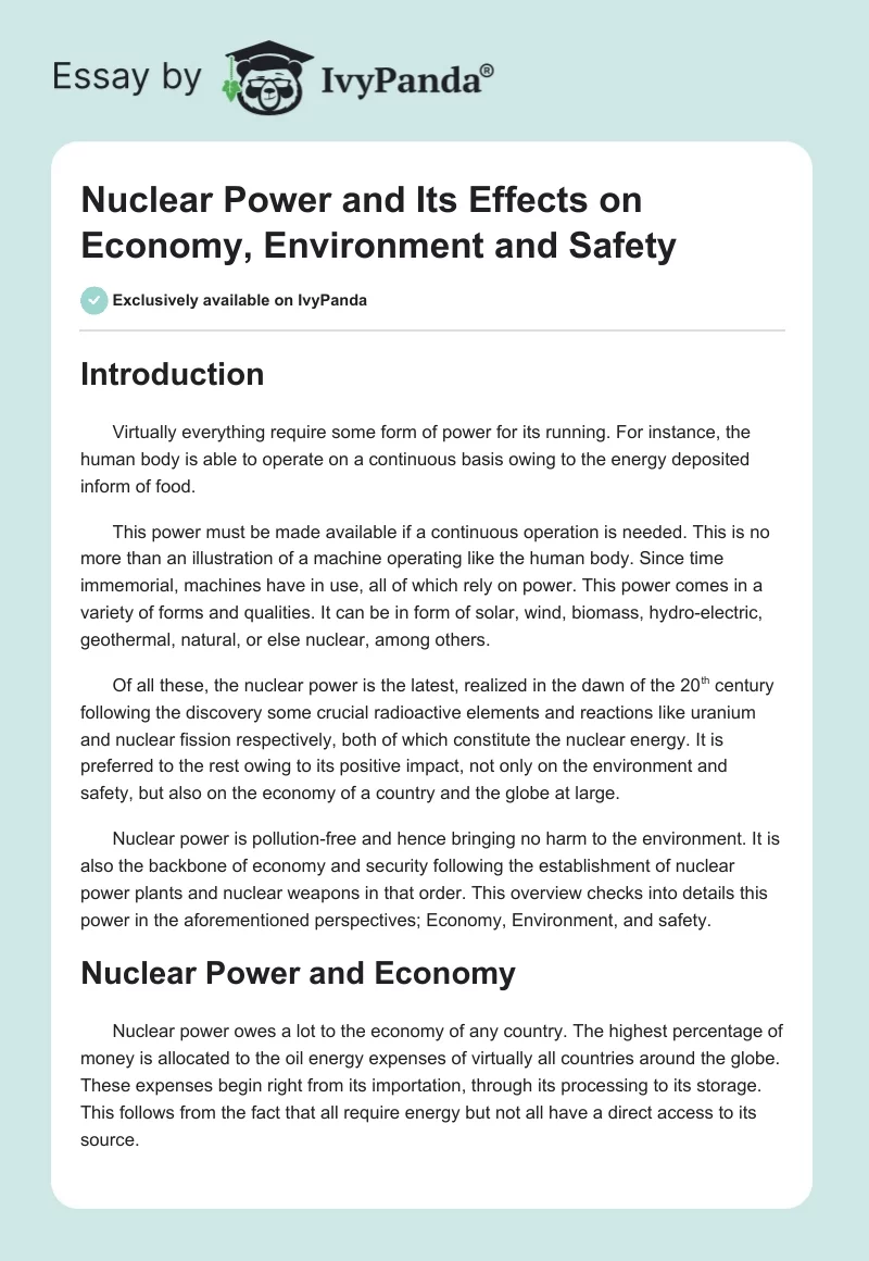 Nuclear Power and Its Effects on Economy, Environment and Safety. Page 1