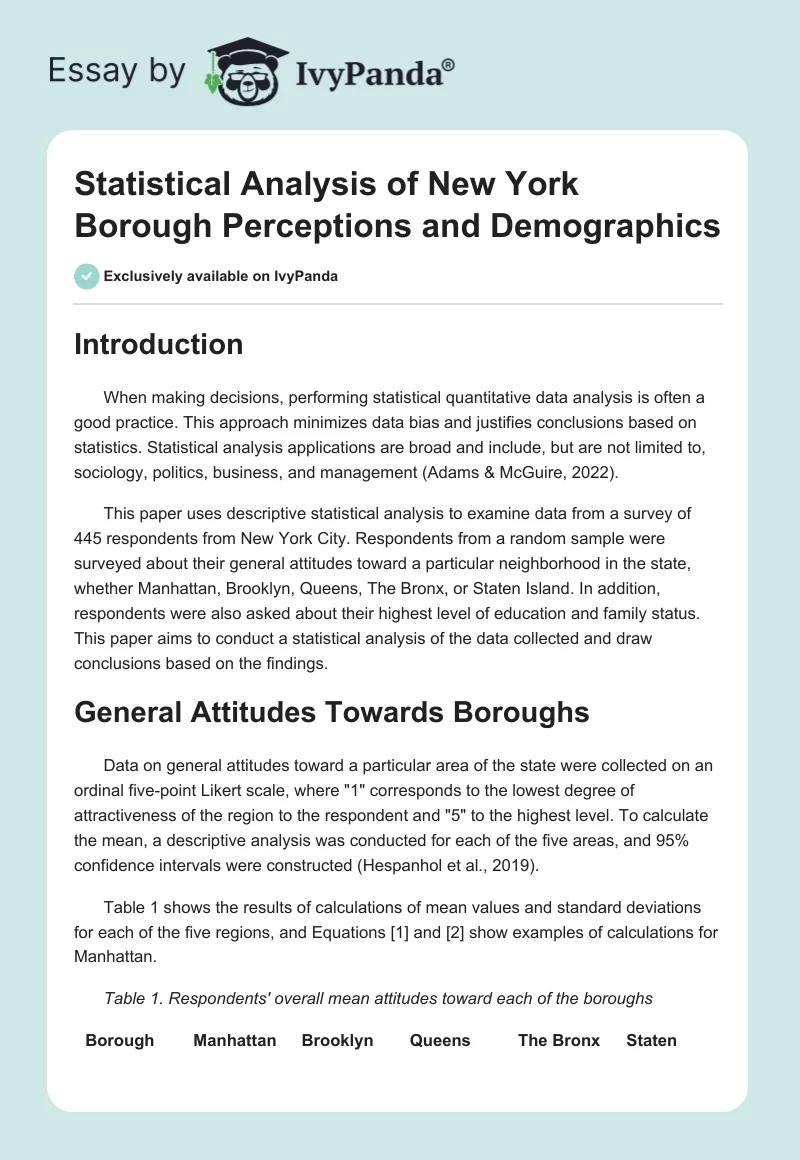 Statistical Analysis of New York Borough Perceptions and Demographics. Page 1
