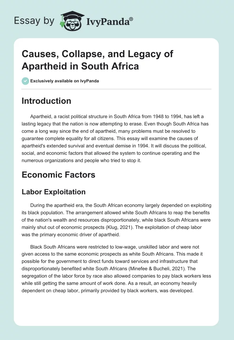 Causes, Collapse, and Legacy of Apartheid in South Africa. Page 1
