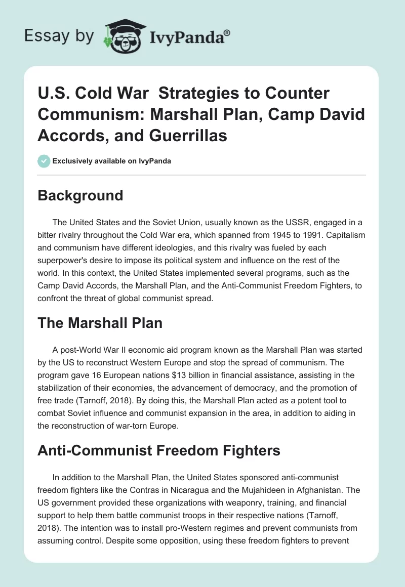 U.S. Cold War  Strategies to Counter Communism: Marshall Plan, Camp David Accords, and Guerrillas. Page 1